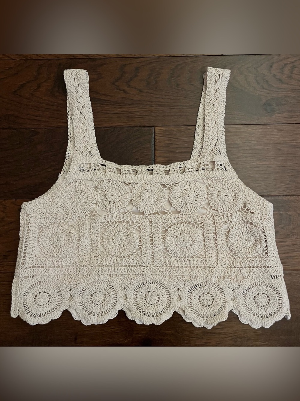 Rebellion Again Women’s Beige Boho Crochet Crop Knit Top Blouse Large